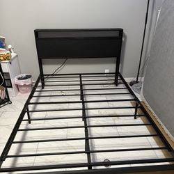 Black And Woody Queen Bed Frame W Charging Port (Need Gone)