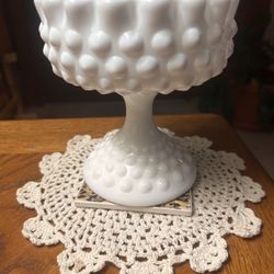 Vntg Fenton Hobnail Milk Glass Candy Dish Pedalstal Compote Glassware