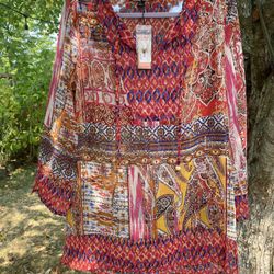 NWT Olive Hill Women's L Sheer Tunic Blouse Top Multicolor