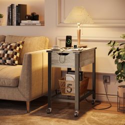 Bestier End Table with Removable Laptop Desk, Charging Stations & Wheels, Gray Grey - 