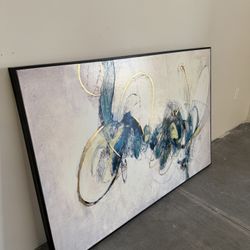 Large Framed Abstract Wall Art – Teal, Gold & White | Modern Minimalist