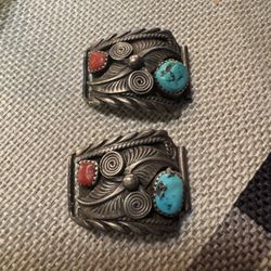 Vintage Native Southwestern Sterling Silver Turquoise & Red Coral Watch Bracelet Links