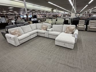 Oatmeal Fabric Power Reclining Sectional with Storage Chaise - Oatmeal | L-Shaped Couch | Corner Couch