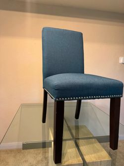 Set of 4 Blue Upholstered Dining Chairs | Nailhead Trim | Solid Wood Legs