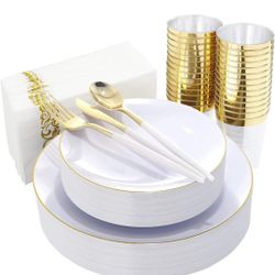 Nervure 140 Pcs White and Gold Plastic Plates and Disposable Gold Plastic Plates, 20 Pcs Dinner Plates, 20 Pcs Dessert Plates, 60 Pcs Gold Plastic Cut