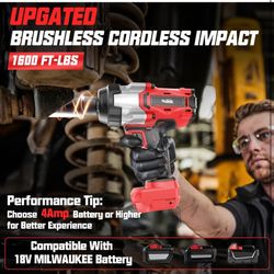 Cordless Impact Wrench 1/2" Compatible with Milwaukee 18V, 1600Ft-lbs(2200N.m) High Torque Impact Gun Heavy Duty, Brushless Electric Power Impact Driv