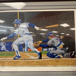 "Hit and Run" by American sports artist Rick Rush. It depicts a baseball play involving players 