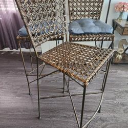 Pier One Vintage Brown Wicker & Bronze Tone Metal Tall Stools / Chairs