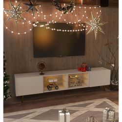 Bonzy Home 86" LED TV Stand, Modern Entertainment Center up to 75" 80" 85" TV, Television Console Table with Storage Cabinets for Living Room, White