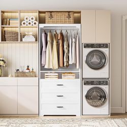Freestanding Closet System with Adjustable Shelves & 3 Drawers Closet Organizer with Hanging Rod, Ideal for Bedrooms, Apartments and Small Closet Stor