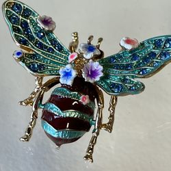 Vintage Brooch, Gold Color, Enameled, Rhinestones 