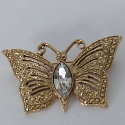 Gold Tone Butterfly Brooch Pin Faux Crystal Accent