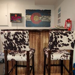 Cowhide Upholstered Bar Stools (Set of 2) – Rustic Western / Lodge Style