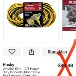 Husky Vividflex 50 ft. 12/3 Heavy Duty Indoor/Outdoor Triple Tap Extension Cord with Lighted Ends, Yellow