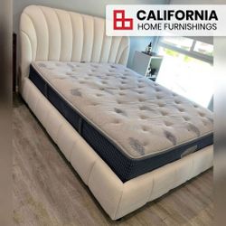 Modern Upholstered Platform Queen Bed Frame with Channel Tufted Headboard