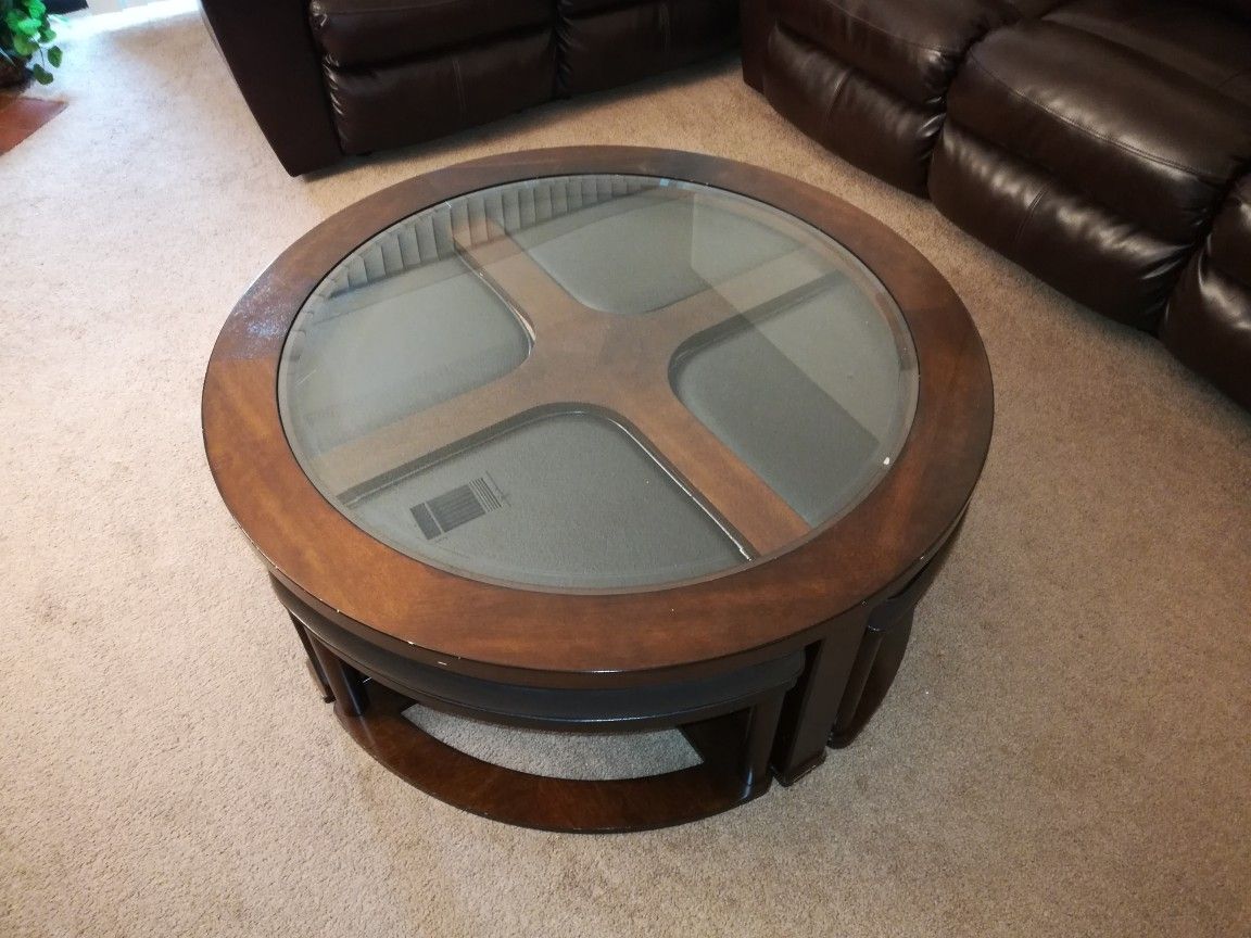 Coffee Table / Center Table / Round Table - Glass & Wood top - With seat stool / benches