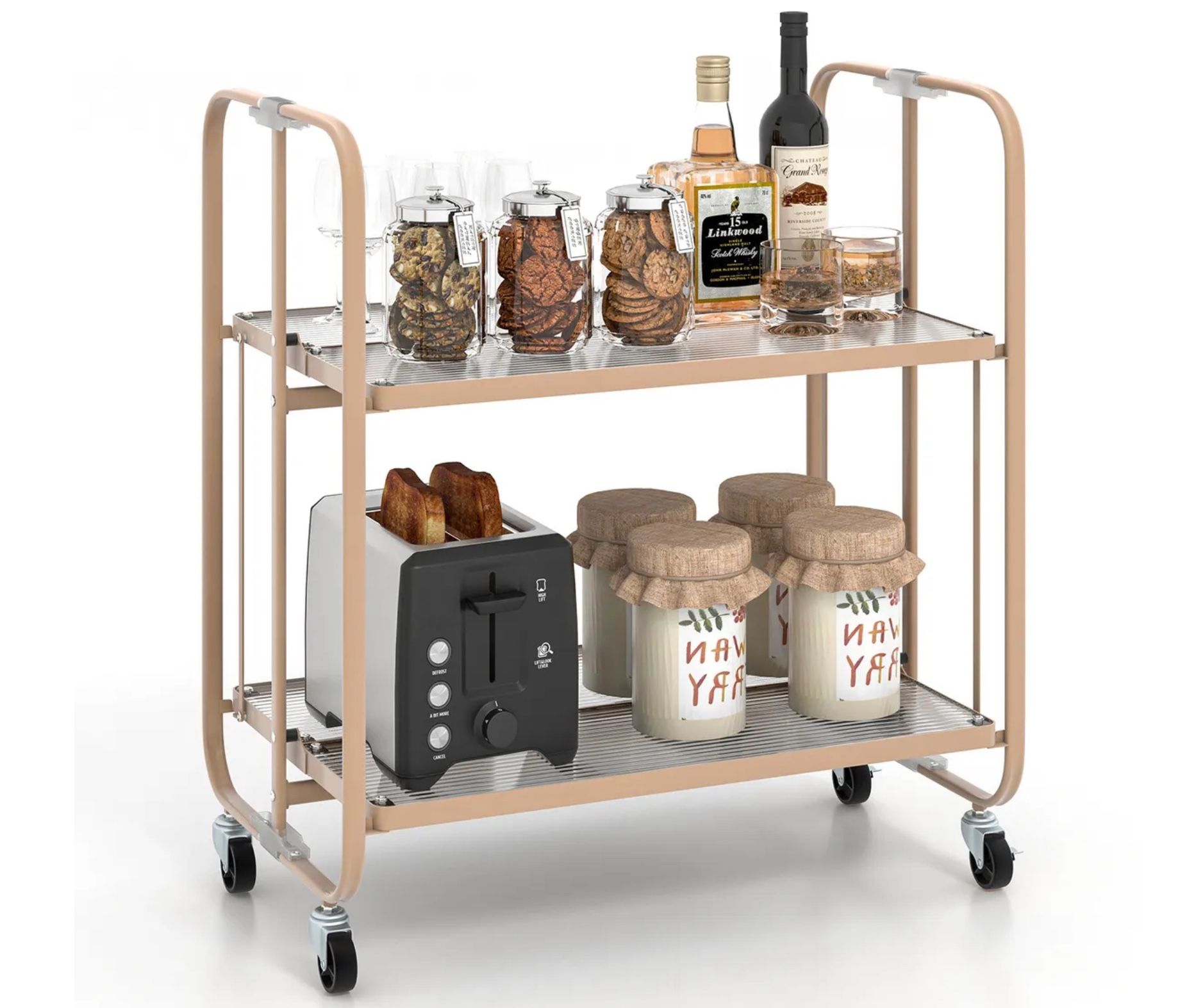 Costway 2 Tier Golden Mobile Serving Cart with Tempered Glass Shelf