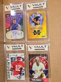 Lot of 4 Tom Brady GOAT Michigan Rookie Patriots Expos Tribute Cards w/ Vault Cases