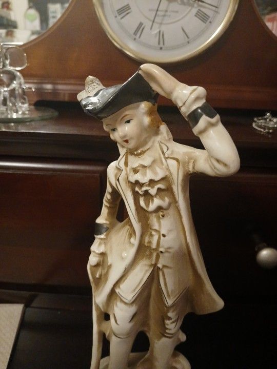Vintage Porcelain Colonial Man with Hat Figurine Made In Japan White & Gold
