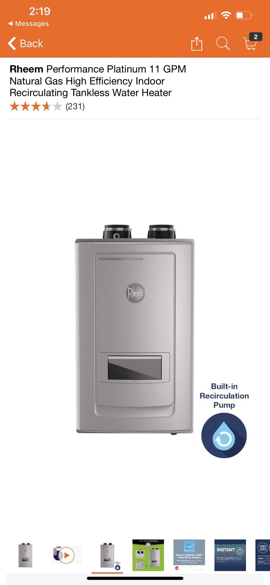 Rheem Performance Platinum 11 GPM Natural Gas High Efficiency Indoor  Recirculating Tankless Water Heater for Sale in Pomona, CA - OfferUp