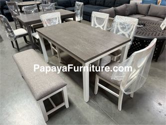 New 6pcs Dining Set, Table And Chairs, Bench, Grey Table , White Table, Chairs, Farmhouse Furniture, Farmhouse Dining Set, Kitchen Table, Dinette Set