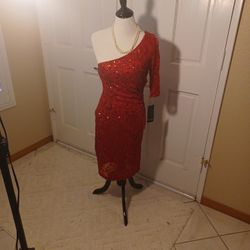 Red Sequined Sexy One Shoulder Dress Size L