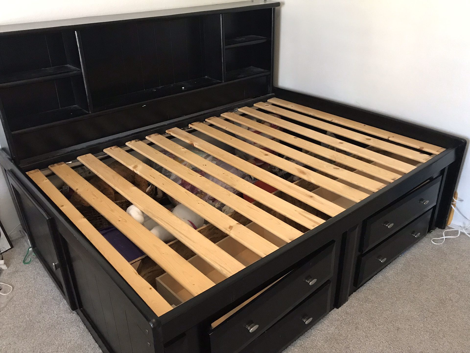 Bed frame full size with drawers under storage and shelves