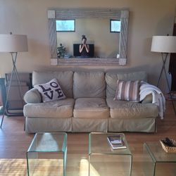 7' Down Sofa, Large Mirror, 2 Lamps & Glass Coffee Tables