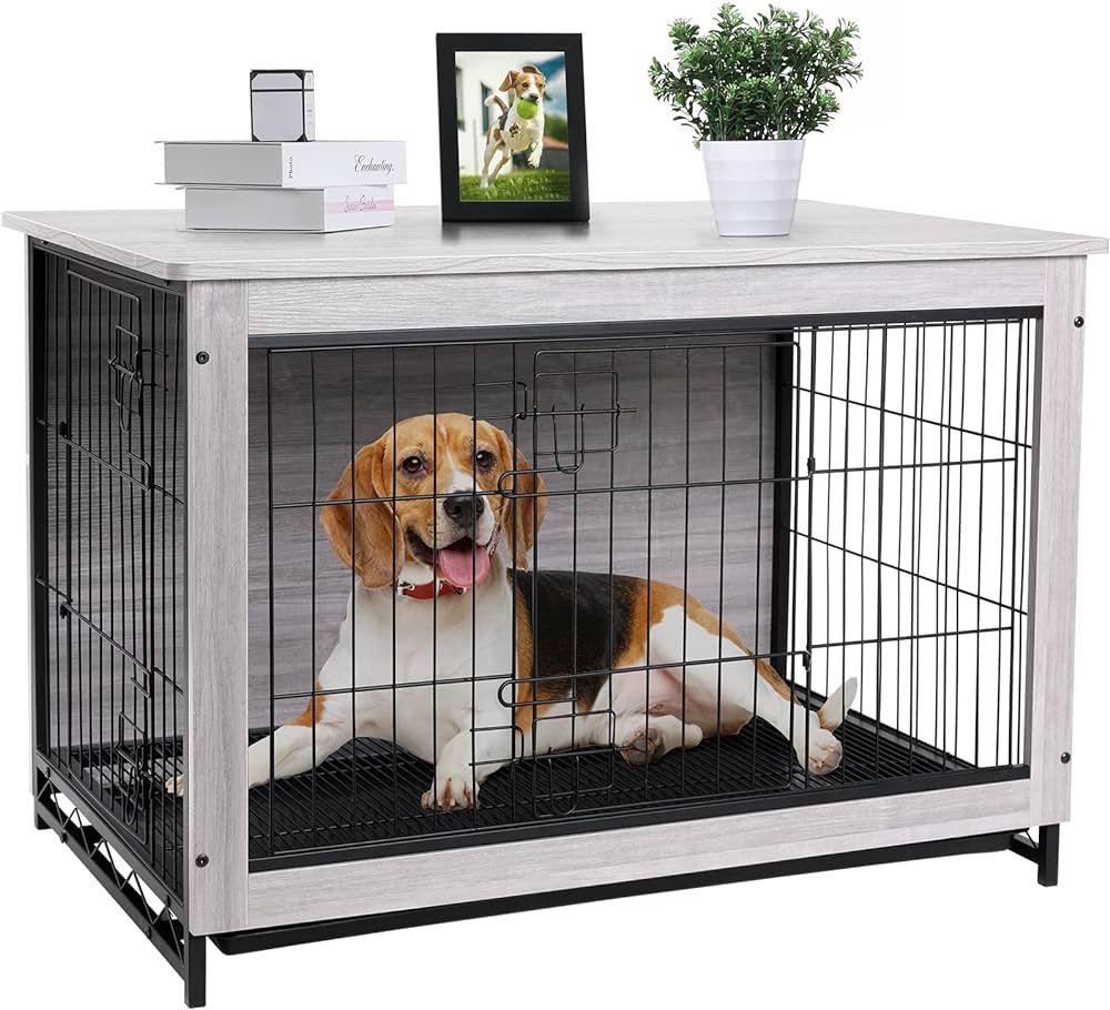 29.1 Dog Crate Furniture, Side End Table, Modern Kennel for Dogs Indoor, Wooden Heavy-Duty Dog Cage, Dog House, Night Stand, w/Removable Tray, Double-