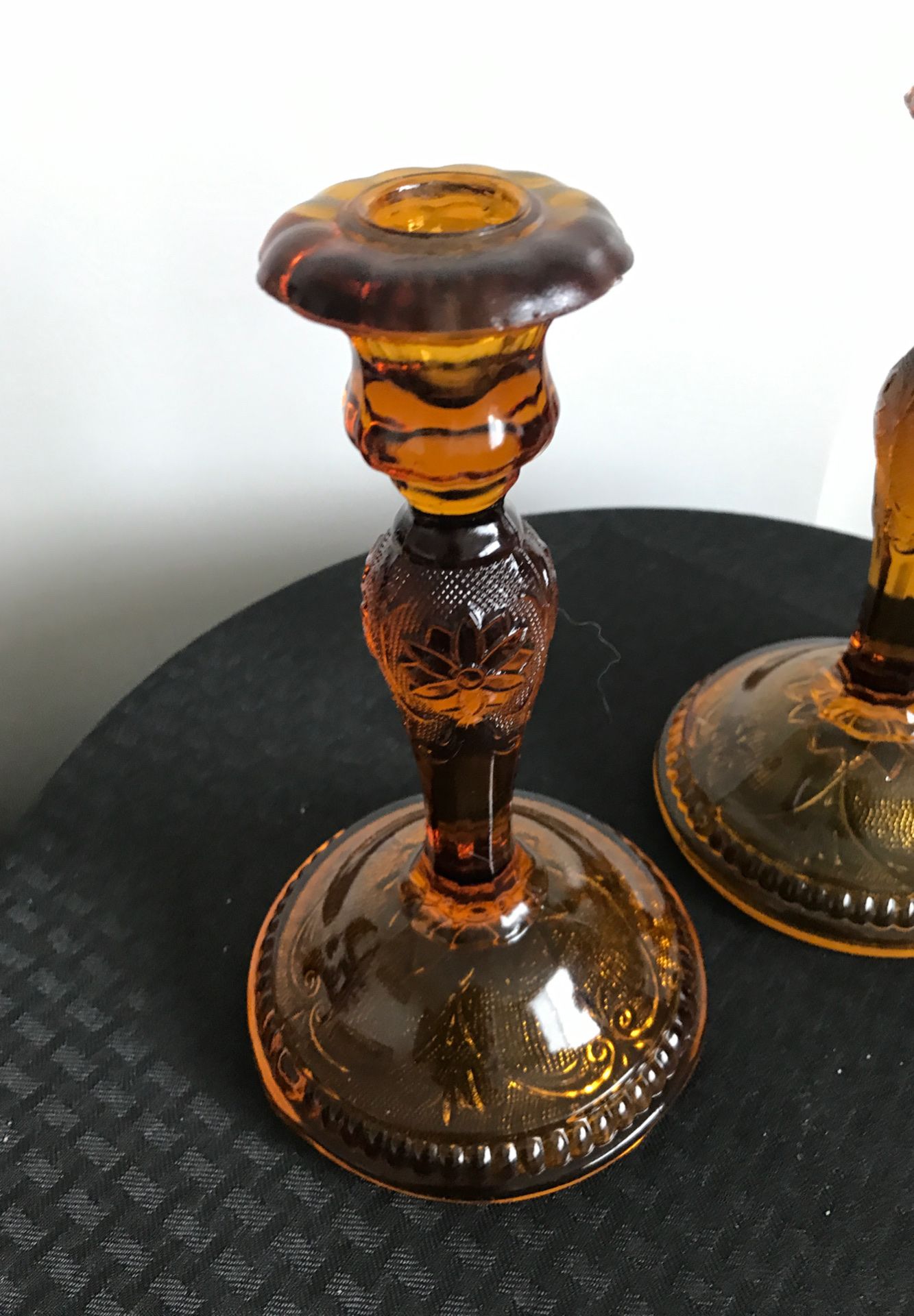 AMBER GLASS CANDLESTICKS-VINTAGE