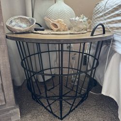 Round Basket Side Table – Wood & Black Metal
