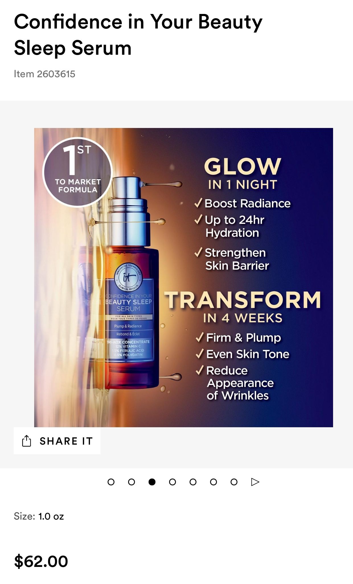 IT Cosmetics Confidence in Your Beauty Sleep Triple Antioxidant Brightening Serum – 24HR Hydration – Anti-Aging – 12% Vitamin C Serum - Fragrance Free