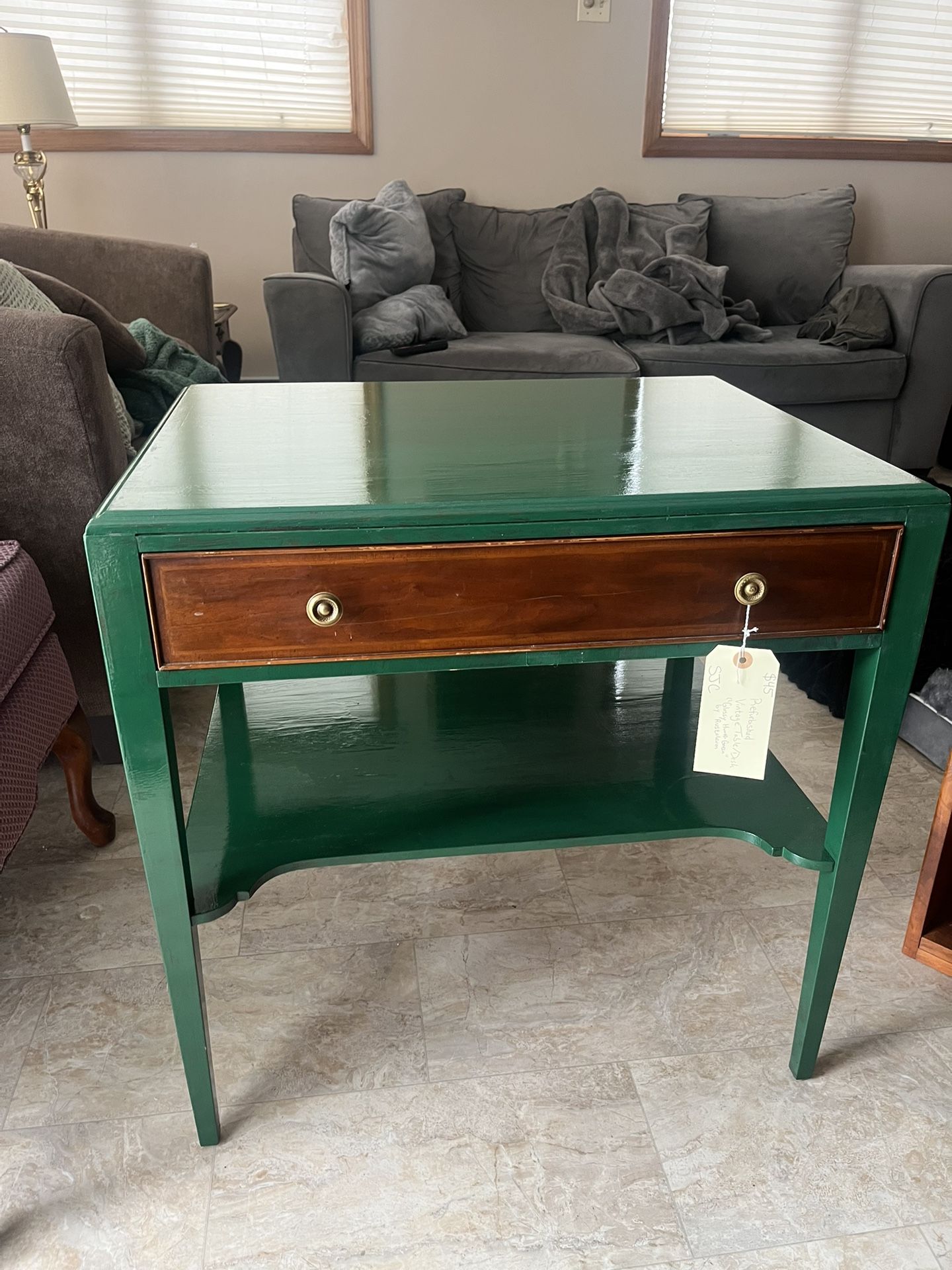 Beautiful Refurbished Glossy Hunter Green Solid Wood Table