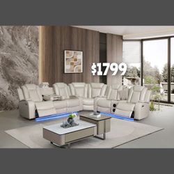 Beige Leather LED under power  recliner sectional sofa with Bluetooth speaker