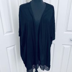 Black Open Front Lightweight Cardigan Tatted Lace Top Size XL