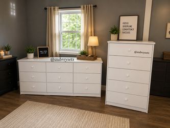 White 9 drawer dresser and 5 drawer chest