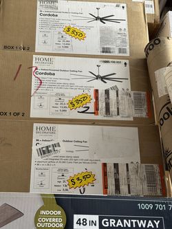 HOME DECORATORS COLLECTION 96 in Indoor/Covered Outdoor Ceiling Fan Cordoba Run Silent™ DC motor technology • Brushed nickel finish • Suitable for cov