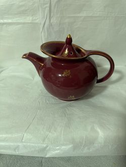Vintage Burgundy Ceramic Teapot with Gold Rose Detail