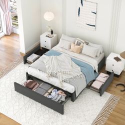 Queen Size Upholstered Platform Bed Frame with 4 Storage Drawers