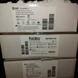 2 sealed boxes and 1 opened box of Purewick female catheters for a total of 75 catheters.