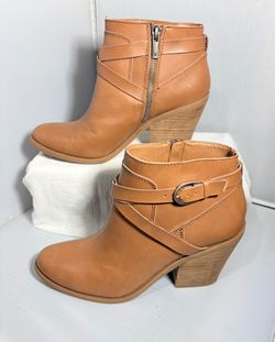 Lucky Brand Leather Buckle Ankle Boots Tan/Camel Eloy Block Heel Sz 8/38