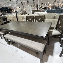Brown Extension Dining Table Set W/ Bench 