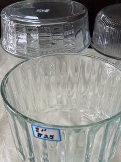 Set of 8” dia on pedestal PARFAIT BOWLS, $25 ea currently have 3 available. Great for jellos, puddings, truffles, gifts. Table full cake domed plates 