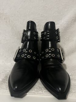Black Pointed Toe Moto Booties with Buckles and Grommets