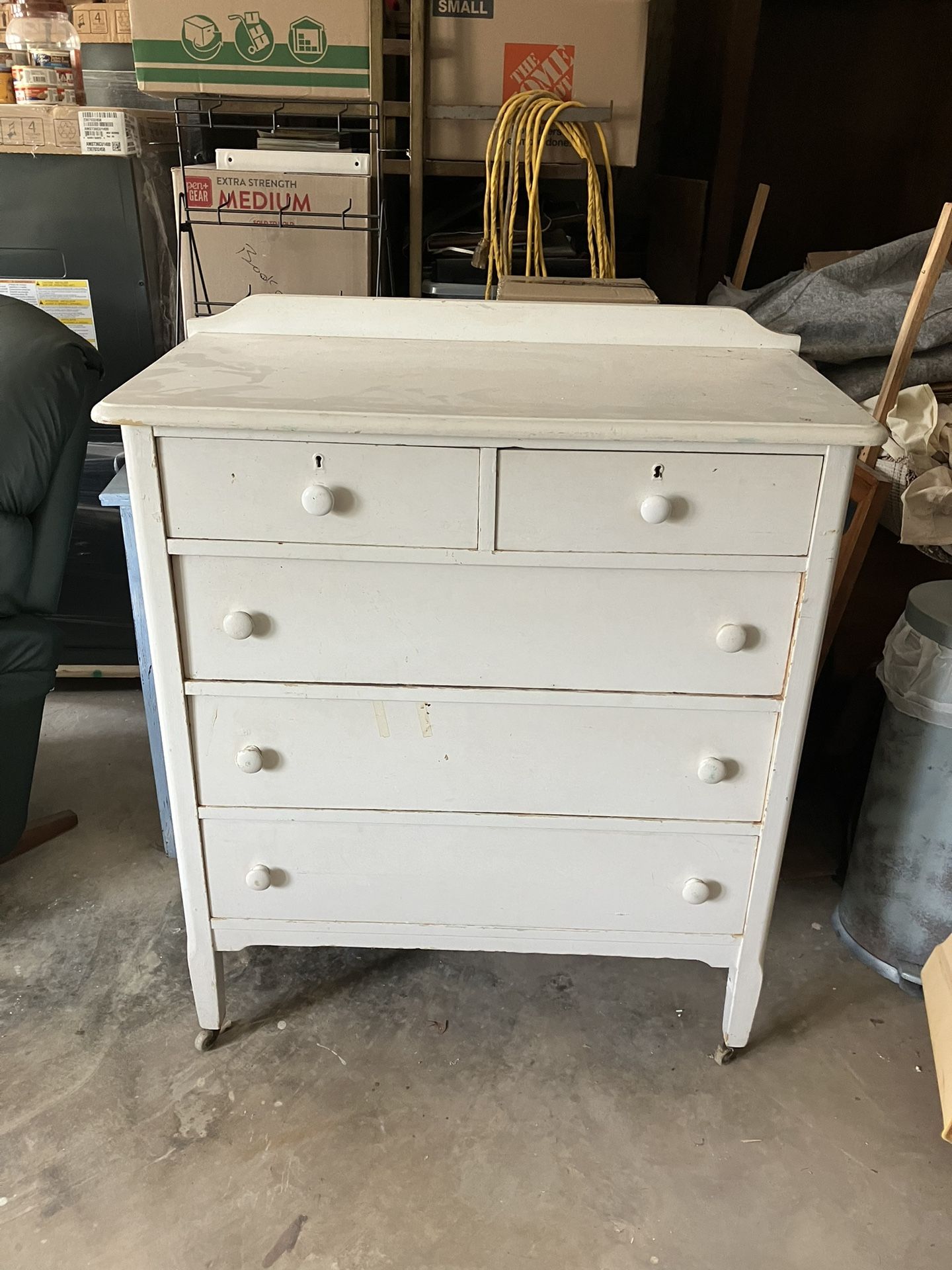 VTG 1940s High Boy White Chest of Drawers Dresser on little wheels