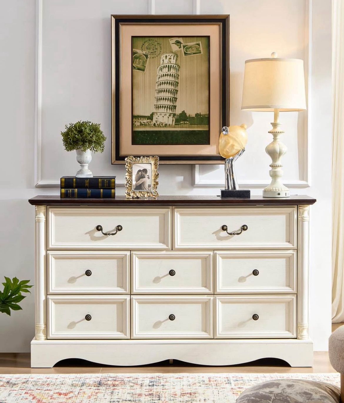 8 Drawers Dresser, 54" Wide Farmhouse Chest of Drawers with Charging Station, Distressed Finish Design, Modern Storage Dressers Organizer 