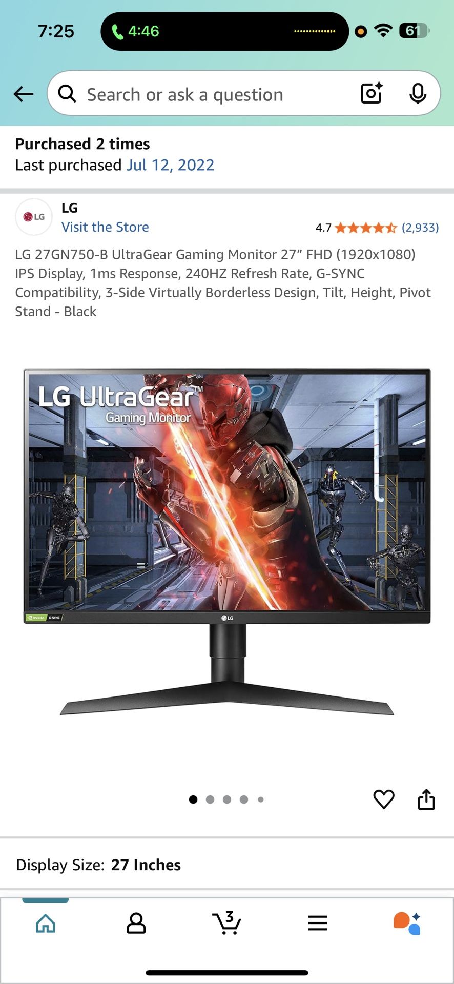 LG Gaming Monitor 240hz 1080p 27 Inches