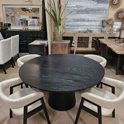 New 5 Pc  60" Round Mid Century Modern dining set. Black or natural wood Finishes