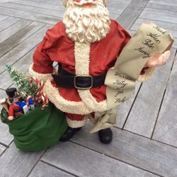 CHRISTMAS PAPER MACHE STANDING SANTA CLAUS FIGURINE HAS BAG OF TOYS & LONG LIST