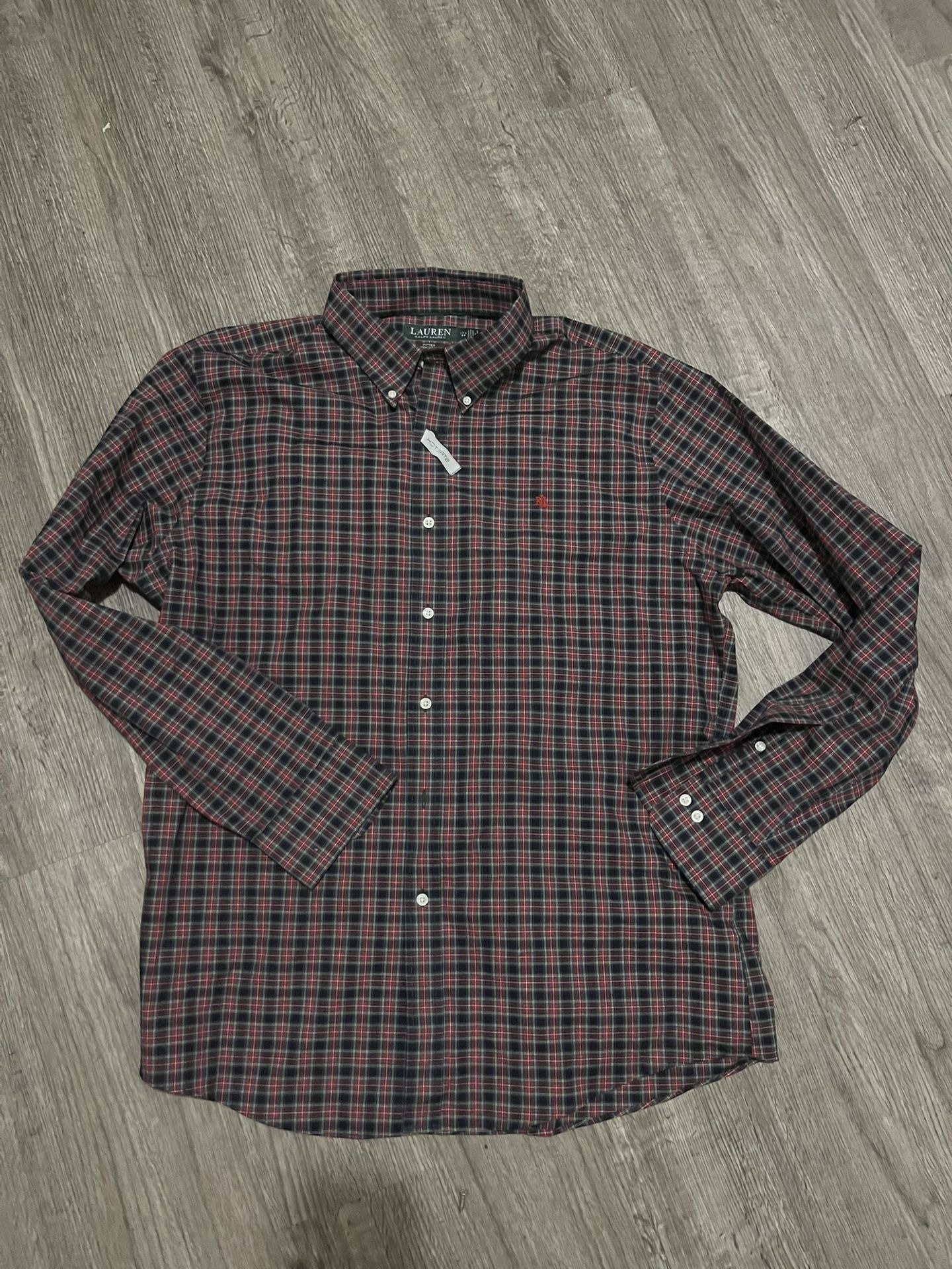 New RALPH LAUREN Mens Large Custom Fit Black Red Green Plaid Button Down Shirt